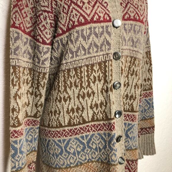 Peruvian Connection taupe geometric print button front long cardigan sweater XL - Picture 3 of 16